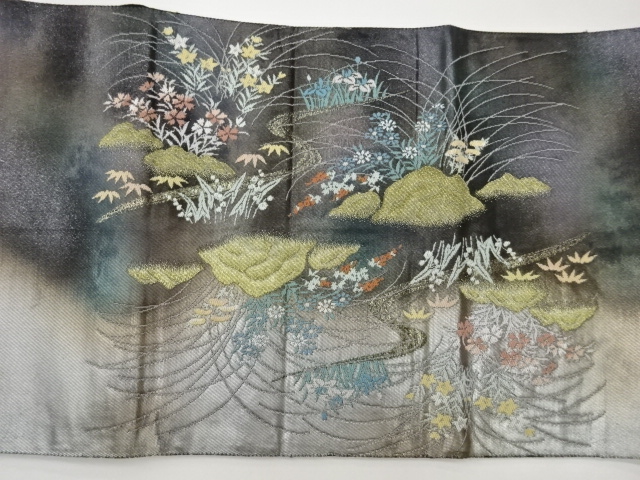  屋敷に鴛鴦・草花・橋模様織り出し袋帯